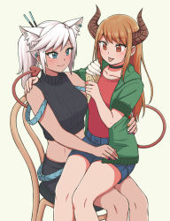 Rule 34 | 2girls, :p, animal ear fluff, animal ears, black choker, black shirt, blue eyes, blue shorts, borrowed character, brown eyes, brown hair, cat ears, chair, choker, collarbone, commentary, demon tail, ear piercing, english commentary, extra ears, green jacket, hand on another&#039;s shoulder, hand on another&#039;s waist, highres, horns, ice cream cone, jacket, long hair, multicolored nails, multiple girls, nail polish, original, pas (paxiti), piercing, ponytail, red shirt, shirt, short shorts, shorts, sitting, sitting on lap, sitting on person, sleeveless, sleeveless shirt, smile, swept bangs, tail, tongue, tongue out, turtleneck, white hair