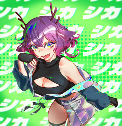 Rule 34 | + +, 1girl, :p, absurdres, animal ears, breasts, cleavage, cleavage cutout, clothing cutout, deer, deer ears, gloves, highres, holographic clothing, horns, large breasts, midriff peek, navel, original, panties, pantyshot, partially fingerless gloves, purple hair, simple background, skirt, solo, thigh strap, tongue, tongue out, underwear, virtual youtuber, zacarin hobbiton
