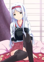 Rule 34 | 10s, 1girl, arm support, bad id, bad pixiv id, boots, brown eyes, hakama, hakama short skirt, hakama skirt, head tilt, headband, japanese clothes, kantai collection, kyo1996329, light smile, long hair, looking at viewer, muneate, pleated skirt, red skirt, sean (kyo1996329), shoukaku (kancolle), sitting, skirt, smile, solo, thigh boots, thighhighs, white hair