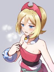 Rule 34 | 1girl, blonde hair, blue eyes, blush, bracelet, breasts, breath, bright pupils, cleavage, clothes pull, collar, collarbone, commentary request, creatures (company), eyelashes, game freak, grey background, hairband, half-closed eyes, hand up, highres, hot, hyoe (hachiechi), irida (pokemon), jewelry, lower teeth only, nintendo, open mouth, pokemon, pokemon legends: arceus, red hairband, red shirt, sash, shirt, shirt pull, shirt tug, short hair, solo, strapless, strapless shirt, sweat, teeth, white pupils