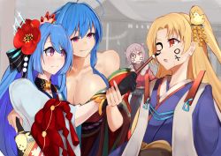 Rule 34 | 4girls, ahoge, azur lane, blonde hair, blue hair, blurry, breasts, calligraphy brush, cleveland (azur lane), cleveland (new year&#039;s challenge!) (azur lane), commentary, depth of field, drawing on another&#039;s face, facepaint, flower, fur scarf, furisode, hagoita, hair ears, hair flower, hair ornament, hanetsuki, happy new year, helena (azur lane), helena (new year&#039;s bluebird) (azur lane), highres, holding another&#039;s wrist, japanese clothes, kimono, large breasts, long hair, looking at another, manjuu (azur lane), marshall k, montpelier (azur lane), montpelier (flower of the snowy night) (azur lane), multiple girls, new year, obi, off shoulder, one eye closed, one side up, paddle, paintbrush, pink eyes, ponytail, red eyes, red flower, red kimono, sash, small breasts, st. louis (azur lane), st. louis (spirits in the snow) (azur lane), tongue, tongue out, yukata