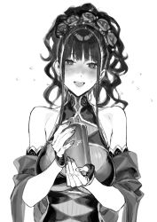 Rule 34 | 1girl, @ @, armlet, bare shoulders, blush, breasts, fate/grand order, fate (series), fingerless gloves, flower, gloves, greyscale, hair flower, hair ornament, hair up, half gloves, highres, large breasts, long hair, looking at viewer, lotion bottle, monochrome, murasaki shikibu (fate), murasaki shikibu (swimsuit rider) (fate), murasaki shikibu (swimsuit rider) (first ascension) (fate), nakuta, one-piece swimsuit, open mouth, shawl, simple background, smile, swimsuit, white background