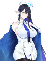 Rule 34 | 1girl, armband, bare shoulders, black hair, black pantyhose, blue archive, blue eyes, blue hair, breasts, buttons, coat, collared dress, colored inner hair, double-breasted, dress, earrings, eyeliner, glasses, gloves, halo, hayama kazusa, highres, jewelry, large breasts, long hair, long sleeves, looking at viewer, makeup, multicolored hair, necktie, off shoulder, open clothes, open coat, pantyhose, pointy ears, rin (blue archive), short dress, solo, variant set, very long hair, white background, white coat, white dress, white gloves