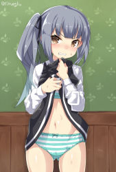 Rule 34 | &gt;:d, 10s, 1girl, :d, against wall, angry, aqua bow, black dress, black skirt, black vest, blunt bangs, blush, bow, bow panties, bra, brown eyes, clenched teeth, clothes lift, cowboy shot, dress, dress lift, gluteal fold, head tilt, indoors, kantai collection, kasumi (kancolle), kasumi kai ni (kancolle), lifted by self, long sleeves, looking at viewer, navel, open mouth, panties, pinafore dress, shiny skin, silver hair, skirt, skirt lift, sleeveless, sleeveless dress, smile, solo, standing, stomach, striped bra, striped clothes, striped panties, sweat, teeth, torimaru, underwear, v-shaped eyebrows, vest, vest lift