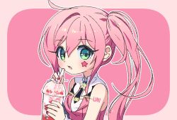 Rule 34 | 1girl, ahoge, bare shoulders, black necktie, blush, breasts, cup, disposable cup, drinking straw, facial mark, food, fruit, green eyes, hair between eyes, holding, holding cup, long hair, looking at viewer, mechuragi, medium breasts, nail polish, necktie, outline, parted lips, pink background, pink hair, pink shirt, red nails, shirt, short necktie, side ponytail, sleeveless, sleeveless shirt, solo, star (symbol), strawberry, two-tone background, uni (vocaloid), upper body, vocaloid, white outline, wrist cuffs