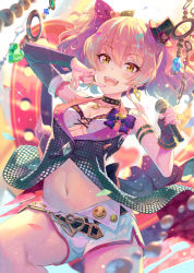Rule 34 | 10s, arched back, arm warmers, bare shoulders, black gloves, bow, breasts, cowboy shot, detached sleeves, earrings, eyelashes, gloves, hair between eyes, hair bow, hair ribbon, hat, idol, idolmaster, idolmaster cinderella girls, idolmaster cinderella girls starlight stage, jewelry, jougasaki mika, lips, looking at viewer, medium breasts, microphone, midriff, mini hat, mini top hat, navel, open mouth, pink hair, pink ribbon, ribbon, ring, shorts, single arm warmer, single glove, sleeveless, sleeveless jacket, solo, terumii, thighs, top hat, two side up, v, white shorts, yellow eyes
