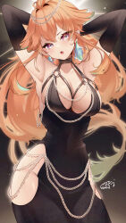 Rule 34 | 1girl, absurdres, alternate costume, alternate hairstyle, armpits, arms up, black dress, breasts, dress, earrings, elbow gloves, feather earrings, feathers, gloves, gradient hair, highres, hololive, hololive english, jewelry, large breasts, long hair, looking at viewer, maka aratame, meme attire, modakawa dress, multicolored hair, open mouth, purple eyes, solo, takanashi kiara, virtual youtuber