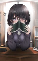Rule 34 | 1girl, backlighting, black bow, black hair, black sweater, blue eyes, blush, book, bookshelf, bow, breasts, buttons, covering own mouth, curtains, desk, glasses, hair over one eye, heart, heart-shaped pupils, highres, indoors, long sleeves, looking at viewer, neku (neku draw), ribbed sweater, school uniform, shirt, short hair, solo, sweater, symbol-shaped pupils, white shirt, window