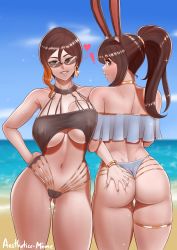 Rule 34 | 2girls, absurdres, aestheticc-meme, artist name, ass, ass grab, back, beach, bikini, blush, bracelet, breasts, brown eyes, brown hair, coco adel, highres, jewelry, large breasts, long hair, looking at viewer, looking back, multiple girls, navel, outdoors, ponytail, pussy juice, rwby, smile, stomach, sunglasses, swimsuit, thighs, tinted eyewear, velvet scarlatina