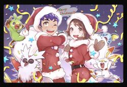 Rule 34 | 1boy, 1girl, :d, belt, brown hair, brown mittens, christmas, commentary request, creatures (company), delibird, game freak, gen 2 pokemon, gen 8 pokemon, gloria (pokemon), grookey, harai (haraiqq), hat, holding, holding sack, hop (pokemon), jacket, merry christmas, mittens, nintendo, one eye closed, open mouth, pants, pokemon, pokemon (creature), pokemon swsh, red headwear, red jacket, red pants, sack, santa hat, scorbunny, short hair, smile, sobble, teeth, tongue, upper teeth only