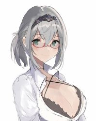 Rule 34 | 1girl, alternate costume, alternate hairstyle, black bra, blush, bra, breasts, casual, cleavage, glasses, green eyes, hair up, hairband, highres, hololive, large breasts, looking at viewer, shirogane noel, shirt, short hair, silver hair, simple background, smile, solo, tagicrabbu, underwear, virtual youtuber, white shirt