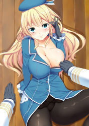 Rule 34 | 10s, 1girl, admiral (kancolle), atago (kancolle), bad id, bad pixiv id, black gloves, blonde hair, blue hat, blush, breasts, floor, from above, gloves, hat, kantai collection, large breasts, long hair, looking at viewer, lying, military, military uniform, on back, on floor, panties, panties under pantyhose, pantyhose, personification, pov, pov hands, smile, solo focus, underwear, uniform, wooden floor, yatsu (sasuraino)