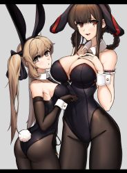 Rule 34 | 2girls, absurdres, alternate costume, animal ears, ass, bare shoulders, blonde hair, breasts, brown eyes, brown hair, cleavage, detached collar, dsr-50 (girls&#039; frontline), elbow gloves, fake animal ears, from behind, girls&#039; frontline, gloves, hachirodesu, hachirou, highres, large breasts, leotard, long hair, looking at viewer, looking back, multiple girls, pantyhose, playboy bunny, ppk (girls&#039; frontline), rabbit ears, rabbit tail, red eyes, shiny clothes, shiny skin, sideboob, smile, tail, twintails, very long hair, wrist cuffs