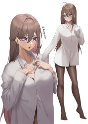 Rule 34 | 1girl, ahoge, aqua nails, blue eyes, breasts, brown hair, brown pantyhose, cleavage, closed mouth, collarbone, collared shirt, dress shirt, earrings, expulse, eyelashes, fingernails, full body, hair between eyes, jewelry, large breasts, long fingernails, long hair, long sleeves, looking down, multiple views, nail polish, nanatsuki nana, necklace, open clothes, open mouth, open shirt, original, oversized clothes, oversized shirt, pantyhose, partially unbuttoned, shirt, simple background, sleeves past fingers, sleeves past wrists, standing, stud earrings, sweat, upper body, very long hair, white background