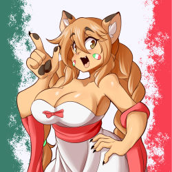 Rule 34 | 1girl, :3, animal ears, bra, braid, breasts, can, cat ears, cat girl, cat tail, curvy, dress, fang, fingernails, furry, furry female, goya (lucyfer), hand on own hip, highres, large breasts, long hair, looking at viewer, lucyfer, mexican flag, mexico, nail polish, open mouth, original, shiny clothes, simple background, smile, solo, sticker, tail, twin braids, underwear, very long hair, white dress, wide hips