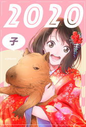 Rule 34 | 1girl, 2020, animal, brown eyes, brown hair, capybara, flower, hair flower, hair ornament, highres, holding, holding animal, japanese clothes, kimono, long hair, long sleeves, looking at viewer, muto (n0sug4r), new year, open mouth, original, print kimono, red flower, red kimono, smile, solo, upper body, wide sleeves