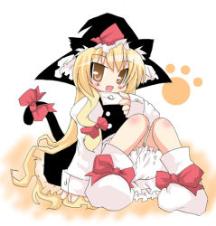 Rule 34 | 1girl, animal ears, blonde hair, bloomers, cat ears, cat girl, cat tail, female focus, full body, hat, kirisame marisa, muuba, solo, tail, touhou, underwear, white background, white bloomers, witch, witch hat