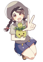 1girl :d anidler91 blue_shorts braid brown_eyes brown_footwear brown_hair collared_shirt creatures_(company) full_body game_freak grey_hat grey_shirt hat highres holding holding_pokemon juliana_(pokemon) long_hair nintendo open_mouth outstretched_arm pokemon pokemon_(creature) pokemon_sv school_uniform shirt short_sleeves shorts side_braid simple_background smile smoliv solo uva_academy_school_uniform w white_background