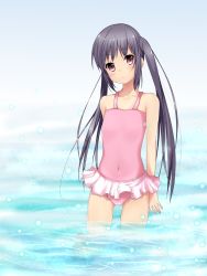 Rule 34 | 1girl, arms behind back, barefoot, black hair, blush, casual one-piece swimsuit, covered navel, feet, flat chest, frilled swimsuit, frills, grey hair, head tilt, k-on!, kneeling, long hair, looking at viewer, nakano azusa, navel, one-piece swimsuit, partially submerged, pink eyes, pink one-piece swimsuit, red eyes, skirt, solo, swimsuit, tiptoes, twintails, very long hair, wading, water, yuki (sangeki5806)