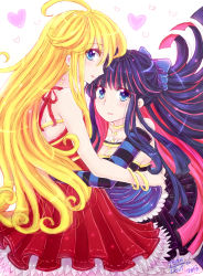 Rule 34 | 10s, 2013, 2girls, adapted costume, ahoge, artist name, blonde hair, blue hair, bow, bracelet, dress, earrings, elbow gloves, formal, gloves, hair bow, heart, hug, ibahibut, jewelry, long hair, multicolored hair, multiple girls, panty &amp; stocking with garterbelt, panty (psg), pink hair, profile, red dress, siblings, sideways glance, signature, sisters, stocking (psg), striped, two-tone hair, yuri