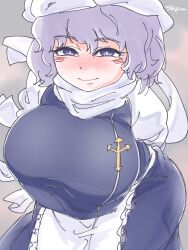 Rule 34 | 1girl, apron, blush, breasts, closed mouth, commentary request, huge breasts, lapel pin, letty whiterock, looking back, purple eyes, purple hair, qralto, scarf, short hair, signature, smile, solo, touhou, upper body, variant set, waist apron, white apron, white headwear, white scarf