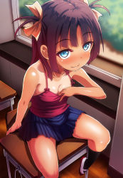 Rule 34 | 1girl, adjusting clothes, bare arms, bare shoulders, black thighhighs, blush, breasts, chair, classroom, cleavage, closed mouth, collarbone, desk, female focus, floor, hair ribbon, higa, indoors, long hair, looking at viewer, no bra, original, ribbon, school, seductive smile, sexually suggestive, shiny skin, shirt, sitting, skirt, sleeveless, sleeveless shirt, small breasts, smile, socks, solo, sweat, tan, tanline, thighhighs, window, wooden floor, zettai ryouiki