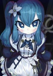 Rule 34 | 1girl, belt, blue dress, blue eyes, blue hair, blue neckerchief, blush, breasts, buttons, closed mouth, coat, collared dress, doll, doll joints, dress, eyes visible through hair, flower, frills, from above, hair between eyes, hair flower, hair ornament, highres, indoors, joints, ketopon, key, keyring, long hair, looking at viewer, medium breasts, multicolored clothes, multicolored dress, neckerchief, original, side ponytail, sidelocks, solo, symbol-shaped pupils, white dress, x-shaped pupils