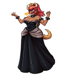 Rule 34 | 1girl, bare shoulders, black dress, blue earrings, blue eyes, bowsette, bracelet, breasts, breath weapon, breathing fire, cleavage, collar, dark-skinned female, dark skin, dress, earrings, fingernails, fire, henpendrips, high ponytail, horns, jewelry, long hair, looking at viewer, open mouth, ponytail, red hair, sharp fingernails, sharp teeth, simple background, smile, solo, spiked bracelet, spiked collar, spiked shell, spikes, standing, super crown, teeth, thick eyebrows, tongue, turtle shell, white background