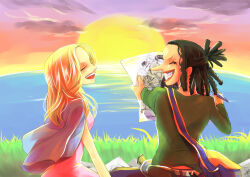Rule 34 | 1boy, 1girl, black hair, blonde hair, clenched teeth, closed eyes, commentary request, curly hair, drawing, himerinco, holding, kaya (one piece), long hair, long nose, long sleeves, medium hair, ocean, one piece, open mouth, outdoors, paper, pencil, sitting, smile, sunset, teeth, usopp, water