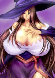 Rule 34 | 1girl, bare shoulders, breasts, brown hair, cleavage, curvy, detached sleeves, dragon&#039;s crown, dress, female focus, gradient background, hat, huge breasts, long hair, purple eyes, skirt, solo, sorceress (dragon&#039;s crown), standing, strapless, strapless dress, umino mokuzu (a4 size), vanillaware, witch, witch hat