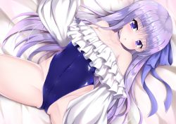 Rule 34 | 1girl, bare shoulders, bed sheet, blue bow, blue choker, blue eyes, blue one-piece swimsuit, blush, bow, breasts, choker, collarbone, commentary request, covered navel, dutch angle, fate/grand order, fate (series), groin, hair between eyes, hair bow, highres, long hair, long sleeves, looking at viewer, lying, medium breasts, meltryllis, meltryllis (fate), meltryllis (swimsuit lancer) (fate), meltryllis (swimsuit lancer) (second ascension) (fate), on back, one-piece swimsuit, parted lips, puffy long sleeves, puffy sleeves, purple hair, sleeves past fingers, sleeves past wrists, solo, spread legs, strapless, strapless one-piece swimsuit, swimsuit, unico kasumi, very long hair