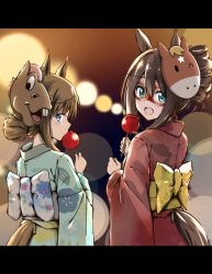 Rule 34 | 2girls, alternate costume, alternate hairstyle, animal ears, blue eyes, blue kimono, brown hair, candy apple, clothing cutout, commentary request, domino mask, el condor pasa (umamusume), food, from behind, grass wonder (umamusume), hair between eyes, hair bun, highres, horse ears, horse girl, horse tail, japanese clothes, kimono, looking back, mask, multicolored hair, multiple girls, obi, open mouth, red kimono, sash, smile, streaked hair, tail, tail through clothes, tanaka &quot;wonder&quot; hiroshi, umamusume, white hair