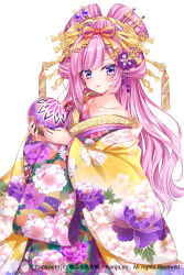 Rule 34 | 1girl, ball, closed mouth, collarbone, company name, copyright name, earrings, expressionless, fingernails, floral print, flower knot, gem, gradient ribbon, hair ornament, hair ribbon, hair stick, hands up, headdress, holding, holding ball, japanese clothes, jewelry, kanzashi, kimono, layered clothes, layered kimono, long hair, long sleeves, looking at viewer, mitsuba choco, mole, mole on neck, multicolored clothes, multicolored kimono, off shoulder, official art, parted bangs, pink hair, print kimono, purple eyes, ribbon, sengoku hanafuda kassen, simple background, solo, tassel, white background, wide sleeves