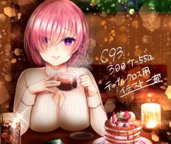 Rule 34 | 1girl, alternate costume, breast rest, breasts, breasts on table, candle, casual, cellphone, cleavage, cleavage cutout, closed mouth, clothing cutout, colored eyelashes, cup, drink, drinking glass, drinking straw, fate/grand order, fate (series), food, fruit, glint, hair over one eye, holding, holding cup, ice, ice cube, iced tea, indoors, large breasts, lips, long sleeves, looking at viewer, mash kyrielight, pancake, phone, pink hair, plate, purple eyes, short hair, smartphone, smile, solo, steam, strawberry, table, tea, teacup, translation request, upper body, yuzuri ai (ichigo crown)