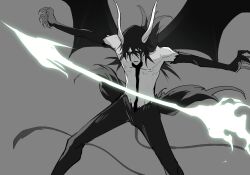 Rule 34 | 1boy, black hair, bleach, colored sclera, commentary request, demon boy, demon horns, grey background, highres, hishui prpr, hole in chest, hole on body, horns, long hair, male focus, polearm, simple background, solo, spear, tail, topless male, ulquiorra cifer, weapon, wings