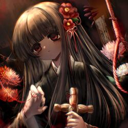 Rule 34 | 1girl, 1other, bags under eyes, black hair, black kimono, blood, blood in hair, blood on hands, blunt bangs, brown background, commentary request, curled fingers, doll, flower, hair flower, hair ornament, hair ribbon, hands up, highres, holding, holding doll, horror (theme), japanese clothes, kimono, leaf hair ornament, long hair, looking ahead, lotus, noose, orange flower, original, out of frame, paper, parted lips, pink flower, raiyo (pixiv16261673), red eyes, red flower, red ribbon, ribbon, sleeves past elbows, solo focus, straight hair, straw doll, string, string of fate, torn paper, upper body, white flower, wide sleeves