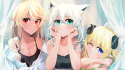 Rule 34 | 3girls, ahoge, animal ears, bare shoulders, black camisole, blonde hair, blue eyes, blush, breasts, camisole, cleavage, commentary, curtains, earrings, english commentary, fox ears, fox girl, green camisole, green eyes, hair between eyes, head rest, highres, hololive, horns, iwahada, jewelry, looking at viewer, medium breasts, multicolored hair, multiple girls, one eye closed, open clothes, open shirt, pointy ears, red eyes, sheep girl, sheep horns, shirakami fubuki, shiranui flare, shirt, smile, streaked hair, tsunomaki watame, virtual youtuber, white hair, white shirt