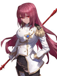 Rule 34 | 1girl, absurdres, aiguillette, alternate costume, black skirt, black thighhighs, boots, breasts, brooch, buttons, commentary request, epaulettes, fate/extella, fate/extella link, fate/extra, fate/grand order, fate (series), gae bolg (fate), gloves, gold trim, hair between eyes, highres, holding, holding polearm, holding weapon, jacket, jewelry, lapels, large breasts, long hair, long sleeves, looking at viewer, military, military jacket, military uniform, official alternate costume, partial commentary, pleated skirt, polearm, purple hair, red eyes, red hair, scathach (fate), scathach (makyou sergeant) (fate), skirt, solo, spear, tesin (7aehyun), thigh boots, thighhighs, uniform, weapon, white background, white gloves, white jacket
