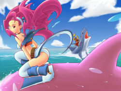 Rule 34 | 01do335-02he177-03he111z, 1boy, 1girl, animal, anne (dolphin blue), ass, belt, blue hair, cloud, day, dolphin, dolphin blue, erio (dolphin blue), flippers, floating hair, from side, greif, gun, long hair, looking at viewer, looking to the side, ocean, outdoors, pink hair, riding, rifle, scarf, shark, sky, splashing, water, weapon