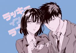 Rule 34 | 1boy, 1girl, aged down, black hair, blue background, blunt bangs, closed mouth, commentary request, formal, fubuki (one-punch man), glasses, holding, holding removed eyewear, jewelry, looking at viewer, necklace, one-punch man, saitama (one-punch man), shirt, short hair, simple background, suit, sylvie271, translation request, unworn eyewear