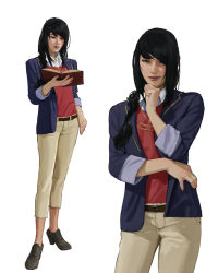Rule 34 | 1girl, absurdres, alternate costume, atamagaitai, belt, black belt, black hair, blue jacket, book, braid, brown footwear, collared shirt, commentary, contemporary, elden ring, fashion, grey pants, hand on own chin, highres, holding, holding book, jacket, jewelry, lips, looking at viewer, multiple views, necklace, open book, open clothes, open jacket, pants, red vest, shirt, shoes, simple background, sleeves rolled up, smile, sorceress sellen, vest, white background, white shirt