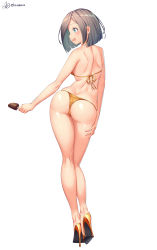 Rule 34 | 1girl, absurdres, ass, bare arms, bare legs, bare shoulders, bikini, female focus, food, from behind, full body, high heels, highres, holding, holding food, holding ice cream, ice cream, kneepits, legs, legs together, open mouth, original, profile, shiny skin, short hair, simple background, smile, solo, standing, swimsuit, thighs, white background, xiaoxi0619