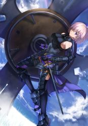 Rule 34 | 1girl, armor, armored dress, ashiwara yuu, black dress, black footwear, black gloves, boots, breasts, cloud, cloudy sky, day, dress, elbow gloves, fate/grand order, fate (series), full body, gauntlets, gloves, greaves, hair over one eye, highres, looking at viewer, mash kyrielight, medium breasts, outdoors, oversized object, parted lips, purple eyes, purple hair, short hair, sky, solo, standing, sword, thigh boots, thighhighs, weapon