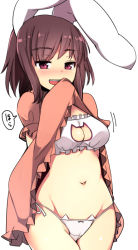 Rule 34 | 1girl, animal ears, blush, bra, breasts, brown hair, cat cutout, cat ear panties, cat lingerie, cleavage, cleavage cutout, clothes lift, clothing cutout, dress, dress lift, groin, inaba tewi, ippongui, looking at viewer, meme attire, navel, open mouth, panties, rabbit ears, red eyes, short hair, side-tie panties, simple background, smile, solo, touhou, underwear, white background, white bra, white panties
