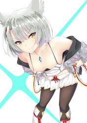 Rule 34 | 1girl, animal ears, breasts, camisole, cat ears, cat girl, chakram, chest jewel, daive, hands on own hips, highres, leaning forward, leggings, mio (xenoblade), short hair, shoulder strap, small breasts, smile, solo, tank top, weapon, white camisole, white hair, white tank top, xenoblade chronicles (series), xenoblade chronicles 3