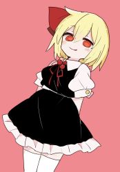 Rule 34 | 1girl, 76gpo, :p, arms behind back, black skirt, black vest, blonde hair, closed mouth, hair ribbon, highres, looking at viewer, pink background, puffy short sleeves, puffy sleeves, red eyes, red ribbon, ribbon, rumia, shirt, short hair, short sleeves, simple background, skirt, smile, solo, tongue, tongue out, touhou, vest, white shirt