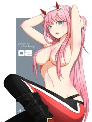 Rule 34 | 1girl, armpits, arms up, black panties, blue eyes, breasts, character name, collarbone, commission, darling in the franxx, groin, hair censor, hair over breasts, hairband, highres, horns, long hair, medium breasts, navel, panties, pants, pink hair, shiny skin, signature, slit pupils, solo, tying hair, underwear, user ehct3485, very long hair, white background, white hairband, zero two (darling in the franxx)