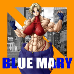 Rule 34 | 1girl, abs, biceps, blonde hair, blue eyes, blue mary, covered erect nipples, extreme muscles, fatal fury, muscular, nipples, photo background, purukogi (plasma beach), snk, solo, the king of fighters