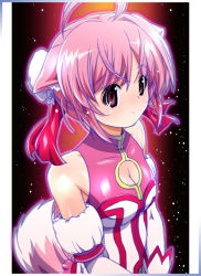 Rule 34 | 10s, 1girl, ahoge, animal ears, bare shoulders, blush, breasts, dog days, dog ears, dog girl, dog tail, female focus, gloves, gradient background, millhiore f. biscotti, pink hair, purple eyes, ryuu ryuu, short hair, smile, solo, tail, white gloves