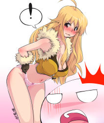 Rule 34 | !, 1girl, ahoge, amami amayu, bent over, blonde hair, blush, breasts, cleavage, gloves, lace, lace-trimmed panties, lace trim, large breasts, leaning forward, long hair, midriff, panties, pink panties, poring, ragnarok online, sniper, sniper (ragnarok online), solo, spoken exclamation mark, underwear